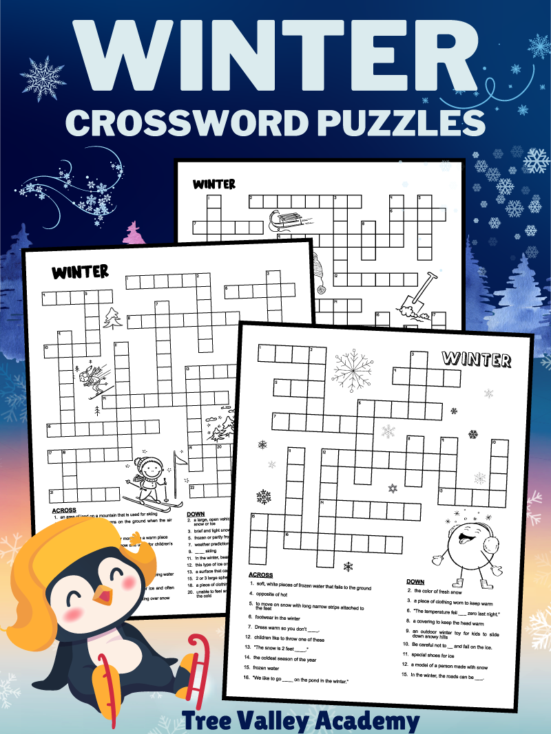 printable winter crossword puzzles for kids - tree valley academy